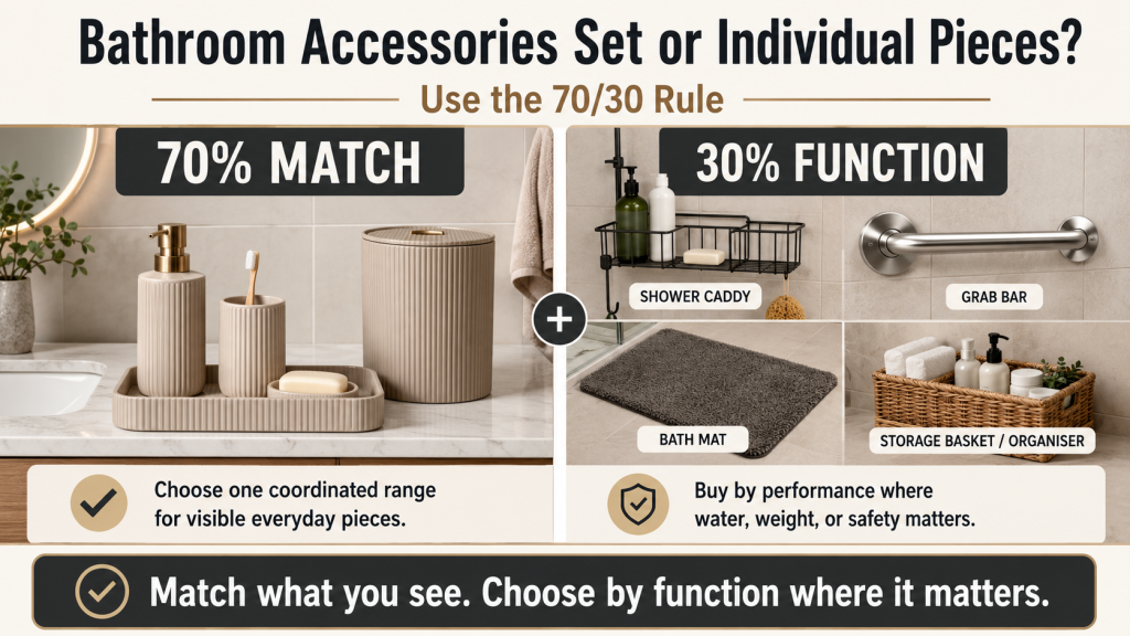 Bathroom accessories set compared with individual pieces using the 70/30 rule, matching vanity accessories while choosing shower storage and safety items by function.