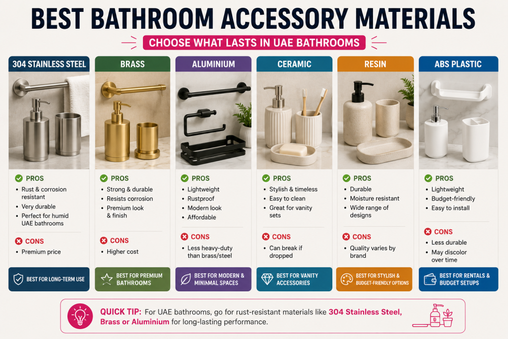 Comparison of 304 stainless steel, brass, aluminium, ceramic, resin and ABS bathroom accessories with their benefits and best uses in UAE bathrooms.