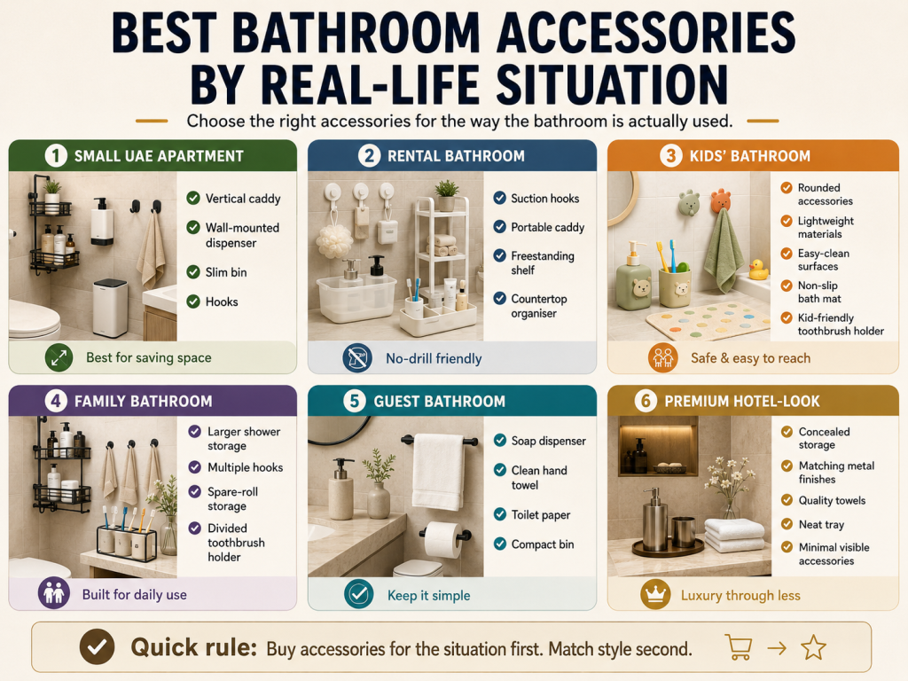 Bathroom accessories for small UAE apartments, rental bathrooms, kids, families, guest bathrooms and premium hotel-style bathrooms compared by practical use.