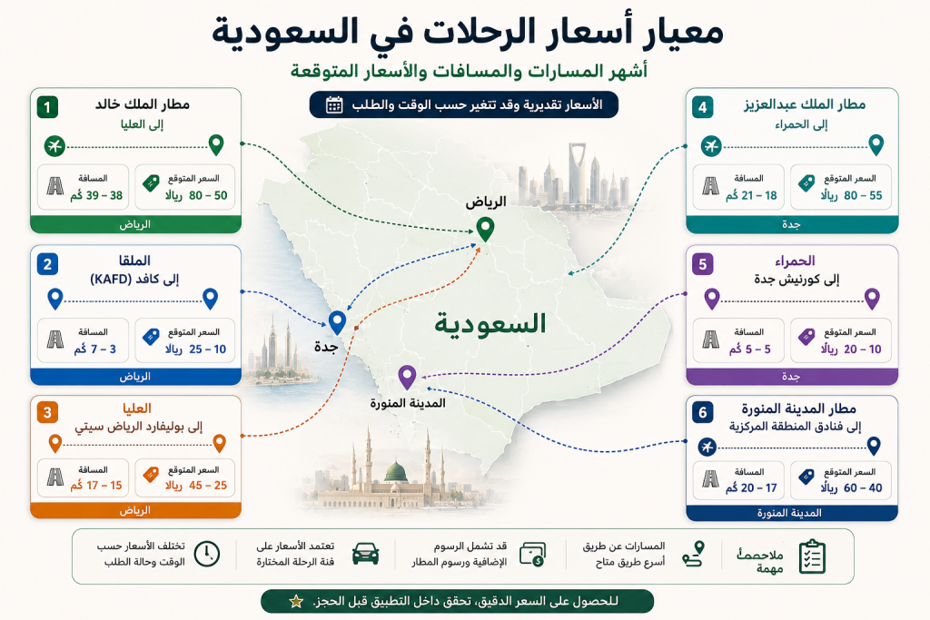 إنفوجرافيك يوضح معيار أسعار الرحلات في السعودية عبر ستة مسارات رئيسية في الرياض وجدة والمدينة المنورة، مع عرض المسافة ونطاق السعر المتوقع لكل رحلة، بما يشمل رحلات المطارات والتنقل داخل المدينة.