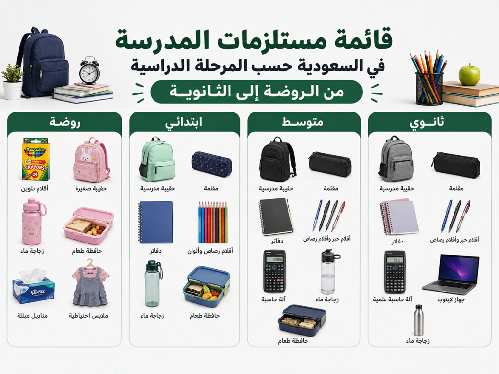 قائمة مستلزمات المدرسة في السعودية حسب المرحلة الدراسية من الروضة إلى الثانوية