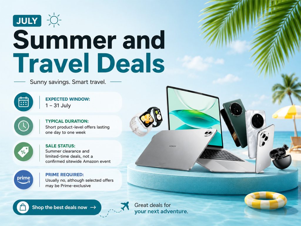 Amazon Saudi July summer and travel deals with electronics beside a beach.