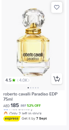 Roberto Cavalli Paradiso Eau de Parfum in noon uae, eligible for discount