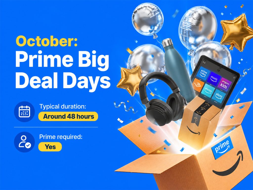 Amazon Saudi Prime Big Deal Days with electronics and an open delivery box.