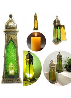 A green and yellow colour Moroccan Style Large Embossed Glass Lantern for Ramadan
