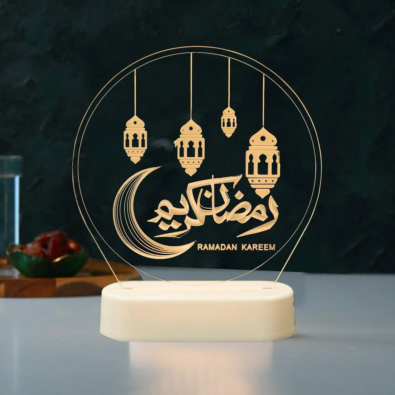 A modern Hilalful Ramadan Kareem Lantern Stand that's totally battery operated.