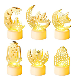 A 6 Pack LED Ramadan Mini Lanterns Lights, Eid Mubarak Star & Moon Candle Lamps