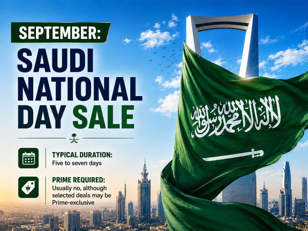 Amazon Saudi National Day sale with the Saudi flag and Riyadh skyline.