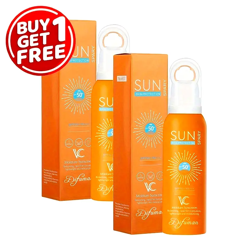Set of two orange bottles of Sun Skin Protection Spray with SPF 50+ by Difuma, featuring a "Buy 1 Get 1 Free" offer, with packaging emphasizing lightweight and moisturizing formula.