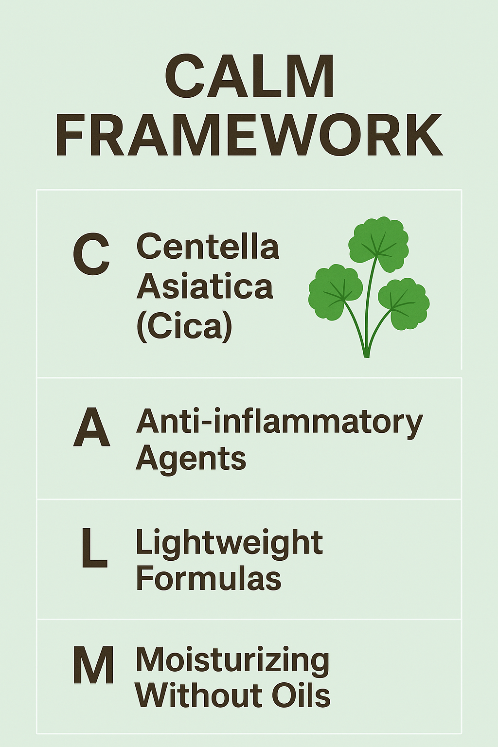 A visual breakdown of the CALM skincare framework, explaining four soothing principles: Centella Asiatica (Cica), anti-inflammatory agents, lightweight formulas, and oil-free moisturization.