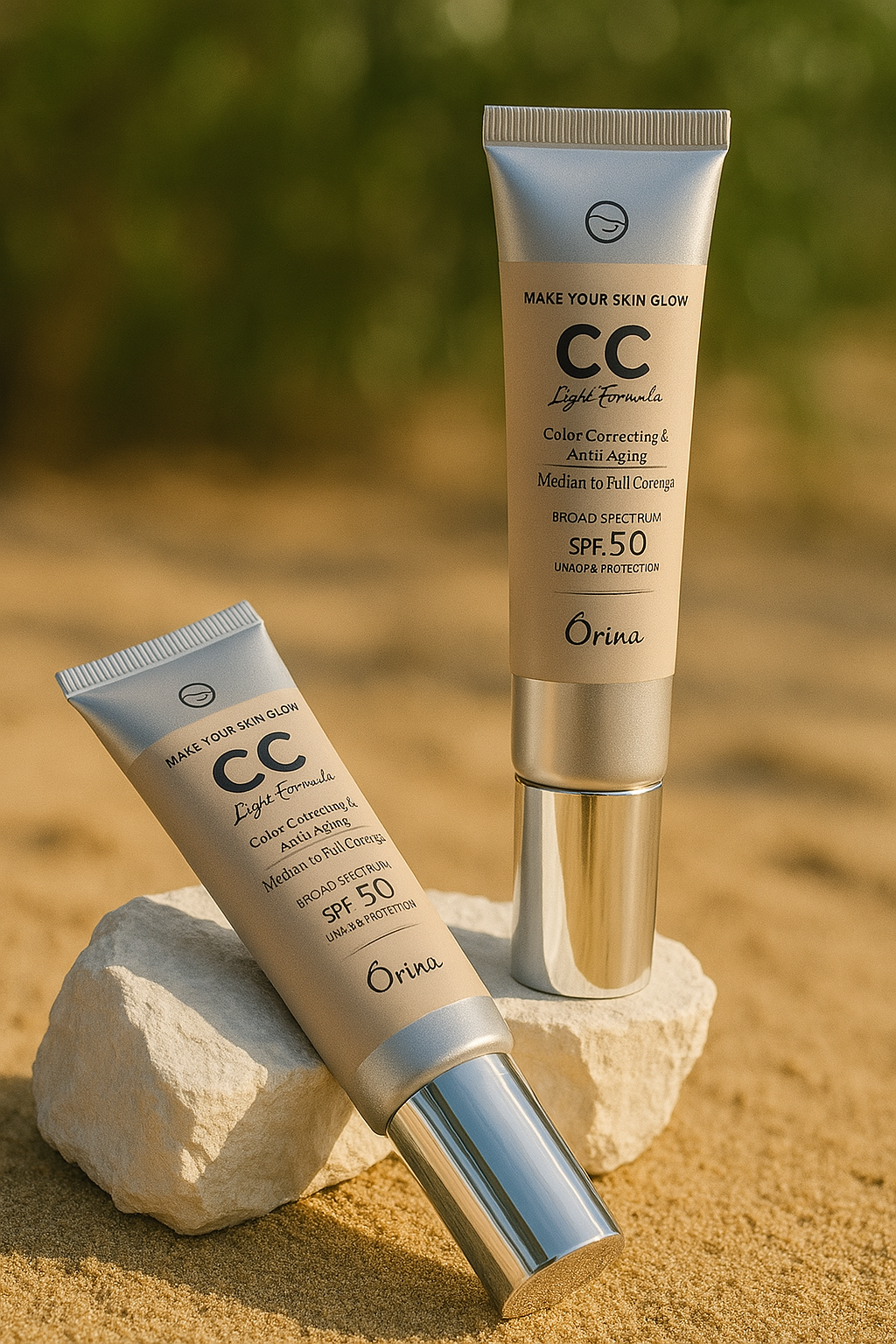 Two tubes of Orina CC Cream with SPF 50 placed on sand and a stone, labeled for color correction and anti-aging, with a light formula intended for medium to full coverage.