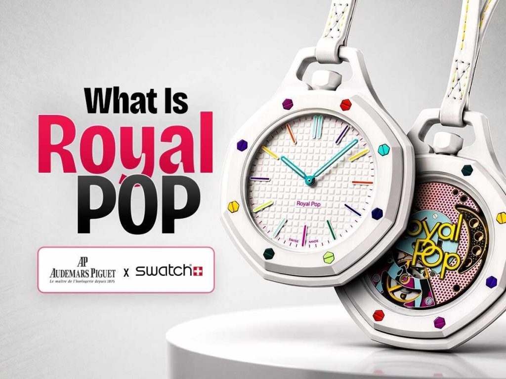 Royal Pop by AP x Swatch white pocket watch explaining what the collaboration is